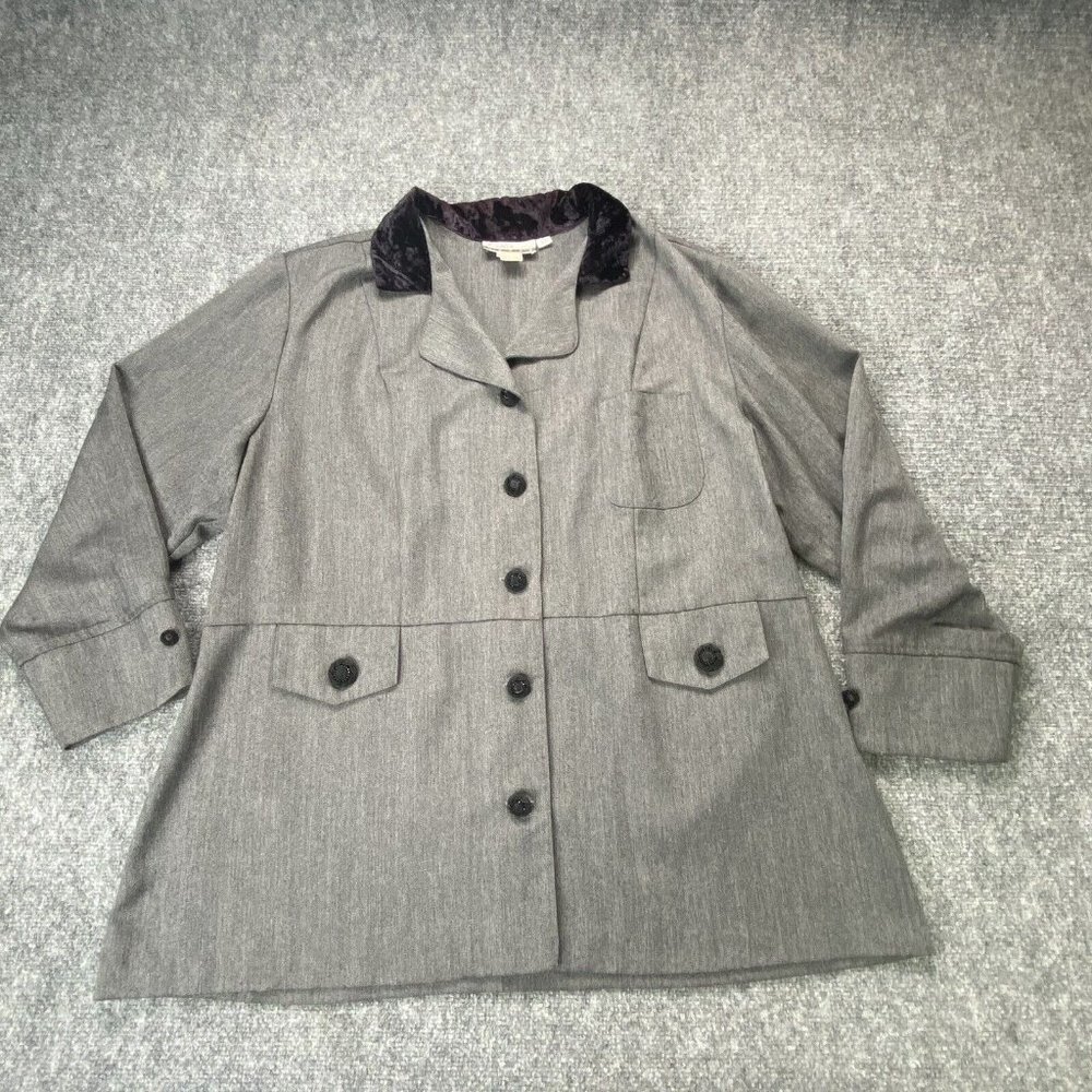 Vintage Diana Marco Jacket Womens 22W Gray Blazer 80s Velvet Trim Ornate Buttons